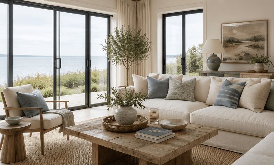 Bright open-plan living room with large open glass windows overlooking the coast, styled in a timeless Sussex coastal aesthetic by Styling My Room.