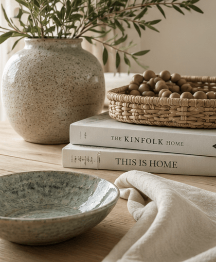 Coffee table styled with books, greenery, and natural decorative accents inspired by timeless Sussex coastal interiors by Styling My Room.