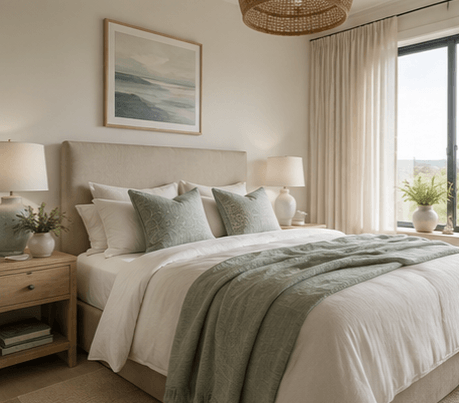 Bright coastal-inspired bedroom with calming neutral tones, an open glass window, and a relaxing atmosphere by Styling My Room.