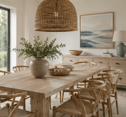 Elegant dining area featuring warm timber furniture, greenery, and natural textures inspired by Sussex coastal interiors by Styling My Room.