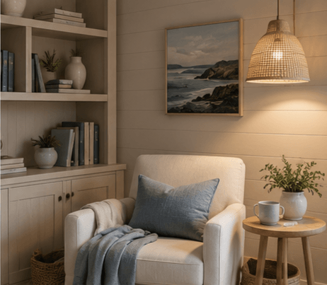 Inviting reading corner with a cosy armchair, bookshelf, and soft lighting reflecting timeless coastal interiors by Styling My Room.